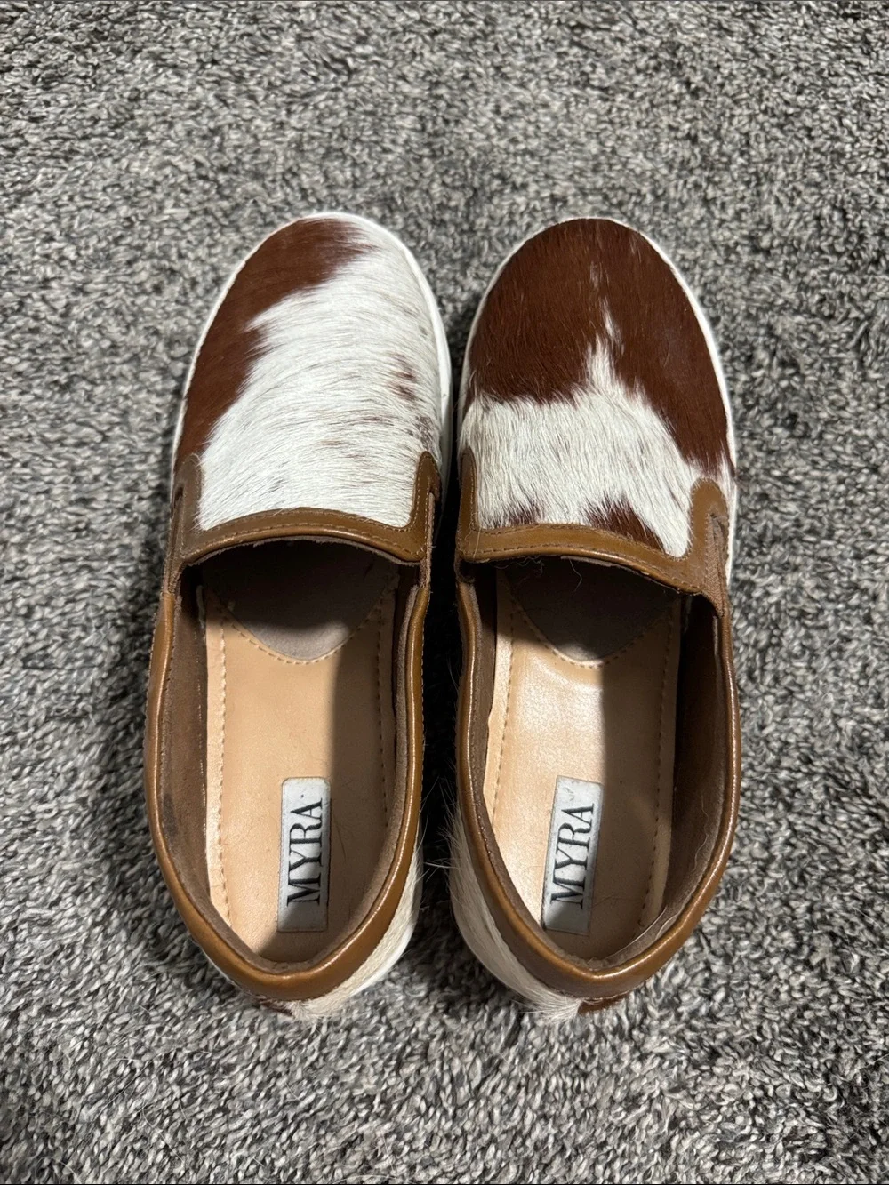 Myra Brown & White Cowhide Slip-On Sneakers